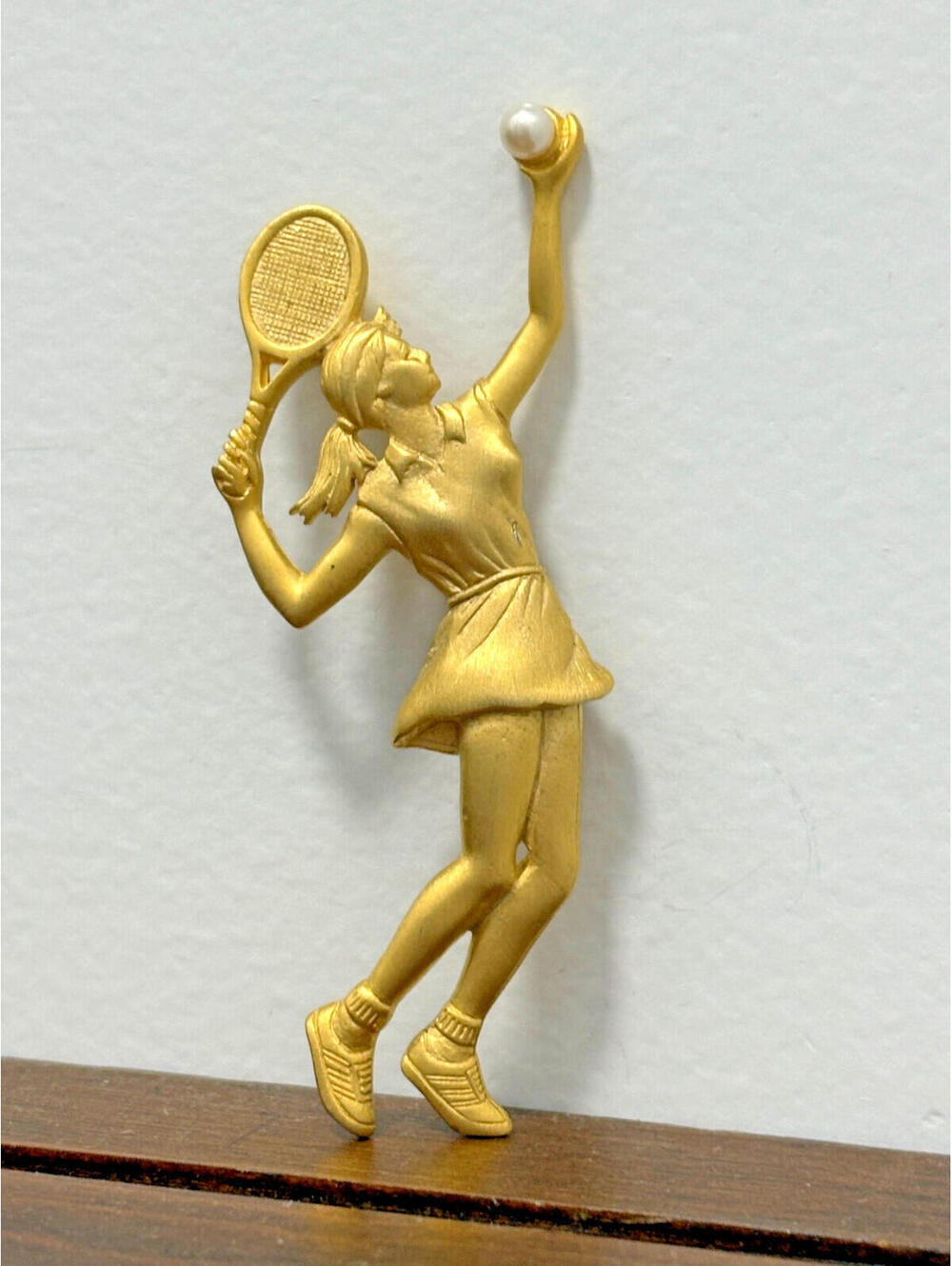 Vintage JJ Jonette Gold Tone Tennis Player Brooch w/ Pearl Accent Pin 3"